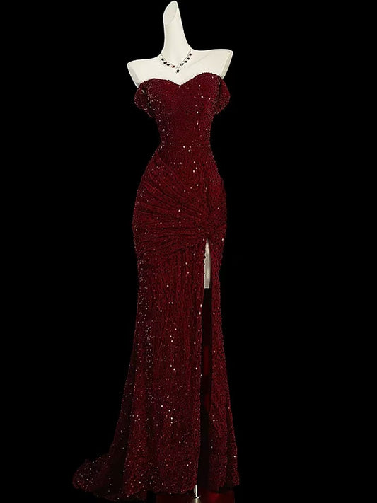 Mermaid Sweetheart Off Shoulder velvet Sequin Long Prom Dress