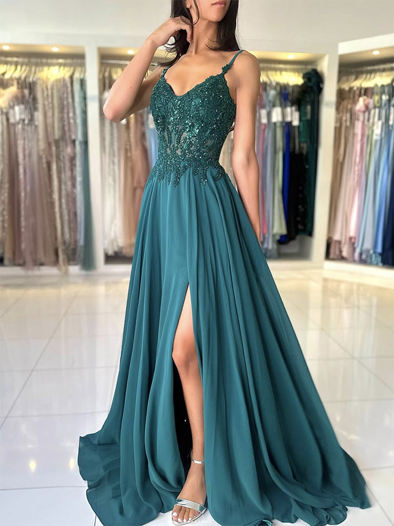 A-Line V Neck Chiffon Lace Green Long Prom Dress, Green Long Graduation Dress