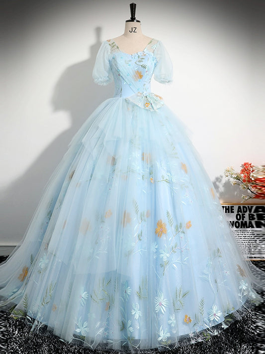V Neck Tulle Lace Blue Long Prom Dress, A-Line Blue Lace Long Sweet 16 Dress