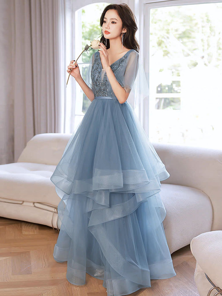 Blue V Neck Tulle Sequin Long Prom Dress, Blue Long Formal Dress