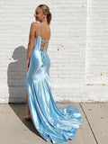 Simple V Neck Mermaid Blue Long Prom Dress, Blue Long Evening Dress