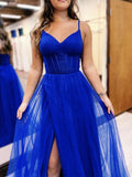 A-Line V Neck Tulle Blue Long Prom Dress, Blue Tulle Long Formal Dress