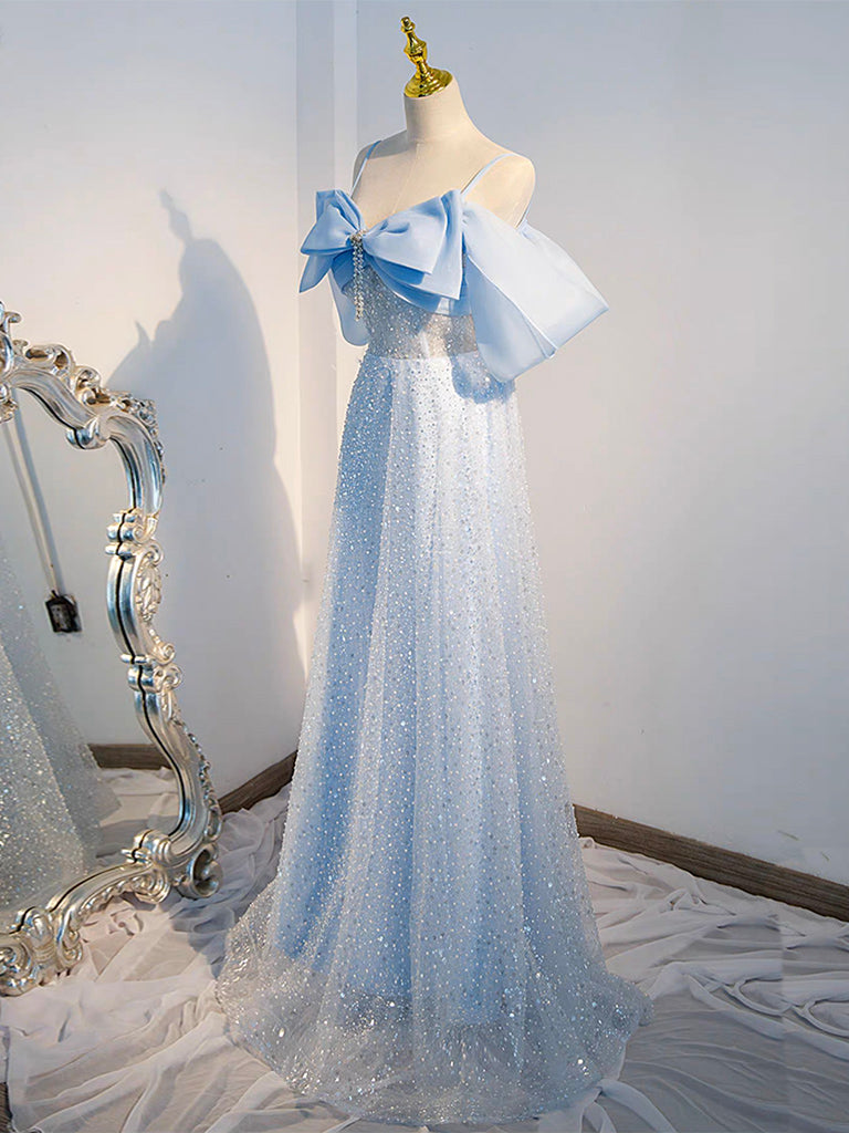 A-Line Tulle Sequin Blue Long Prom Dress, Blue Long Formal Dress