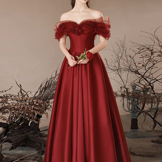 red and burgundy prom dresses A-Line Off Shoulder Satin Long Dress, Burgundy Long Form – dresstby megan Size - Trousers:J1 This stunning dress features Off-White Long A-Line Prom