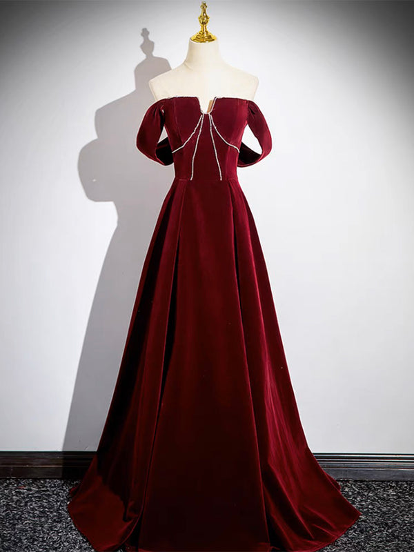 A-Line Velvet Burgundy Long Prom Dress, Burgundy Long Formal Dress