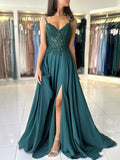 A-Line V Neck Chiffon Lace Green Long Prom Dress, Green Long Graduation Dress