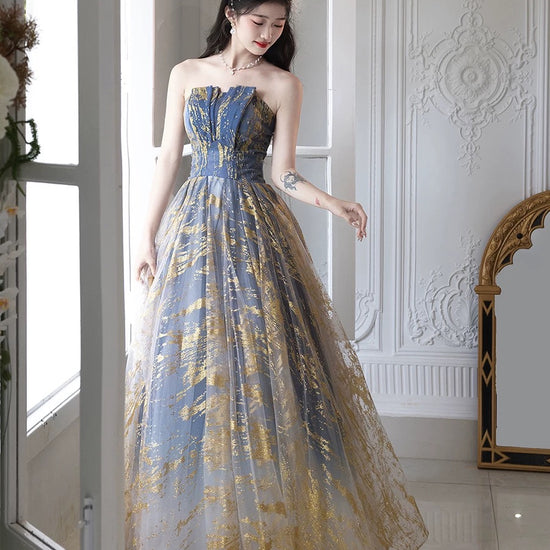 A-Line Tulle Sequin Blue/Gold Long Prom Dress, Blue/Gold Long Formal D – dresstby
