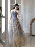 A-Line Tulle Sequin Blue/Gold Long Prom Dress, Blue/Gold Long Formal Dress