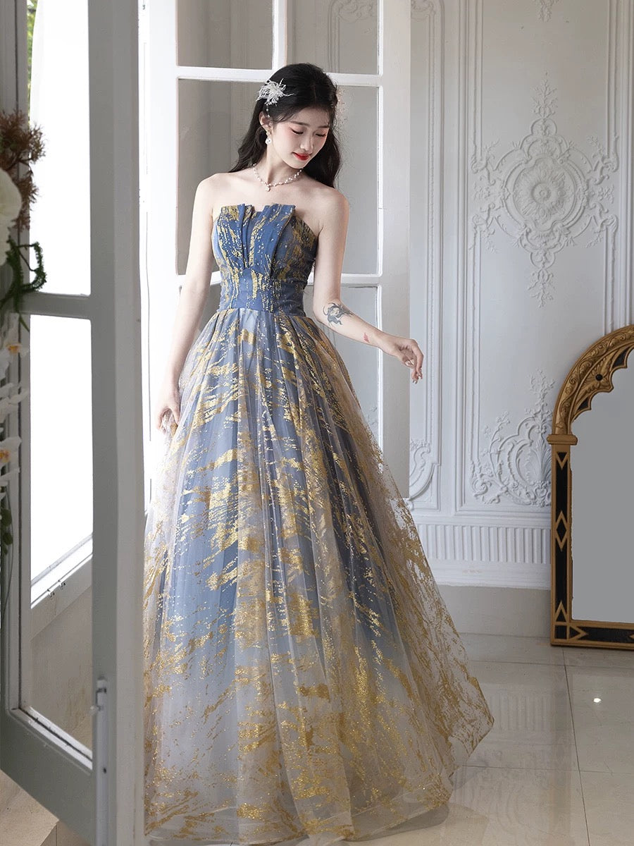 A-Line Tulle Sequin Blue/Gold Long Prom Dress, Blue/Gold Long Formal Dress