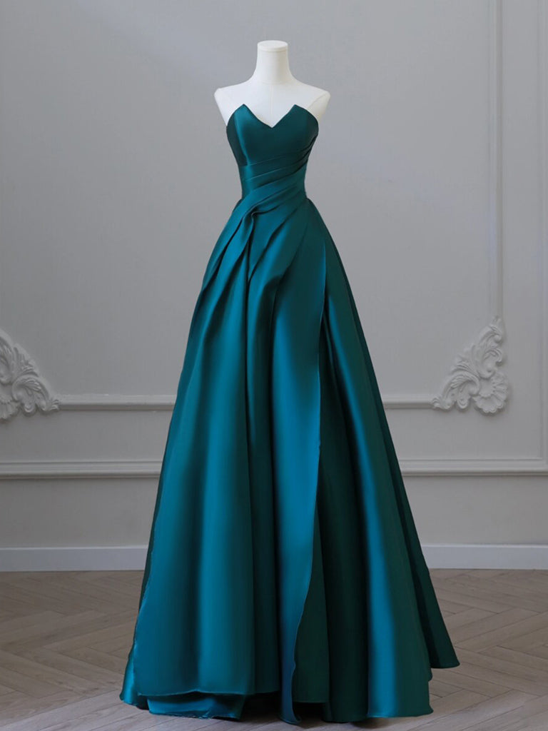 A-Line Satin Green Long Prom Dress, Green Satin Long Formal Dress ...