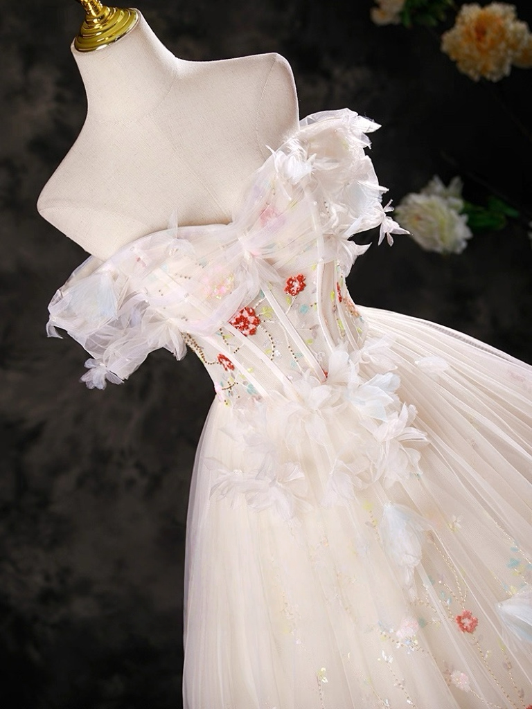 A-Line Tulle Lace Sequin Champagne Long Prom Dress, Champagne Long Formal Dress