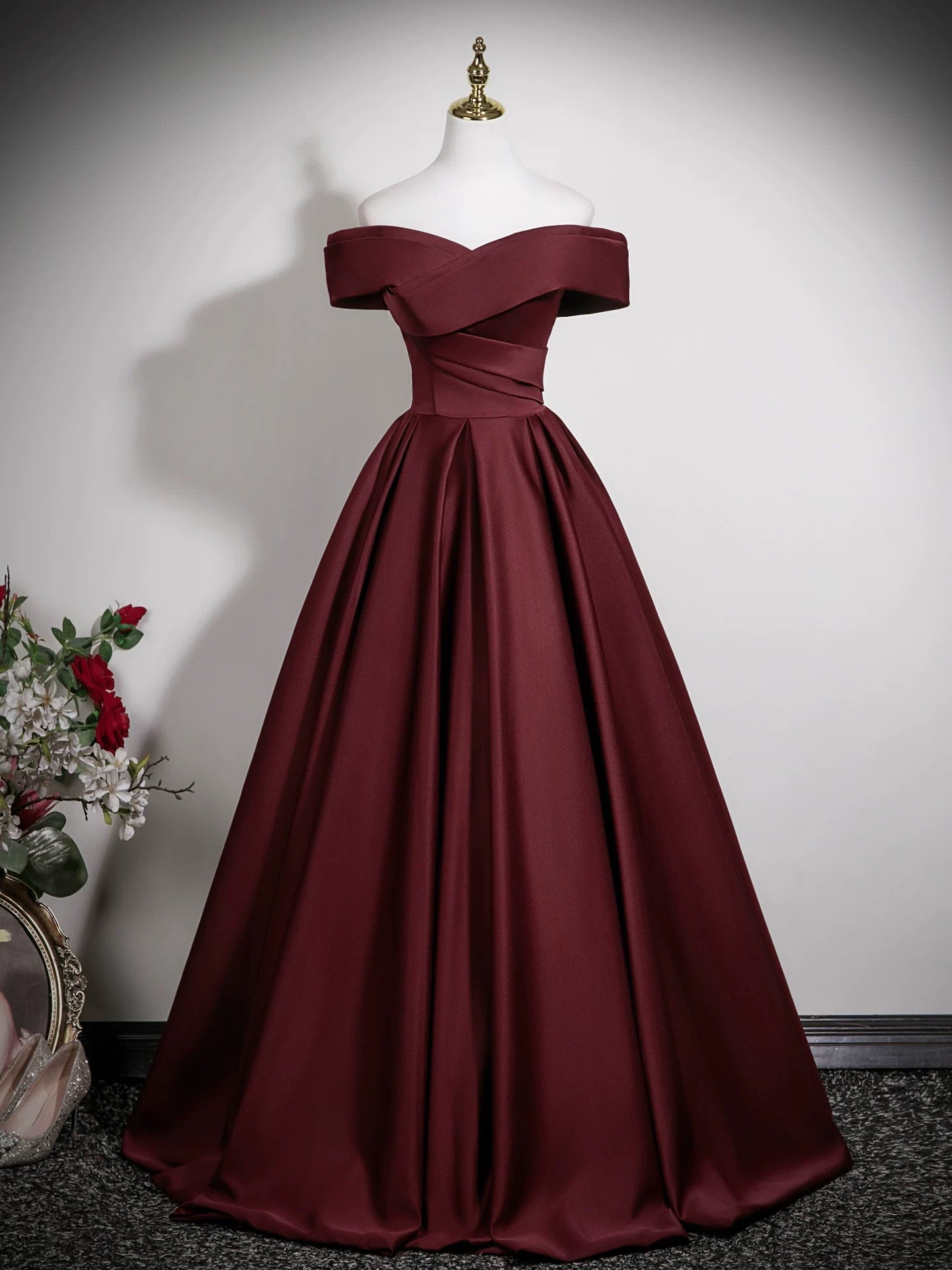 A-Line Off Shoulder Satin Burgundy Long Prom Dress, Burgundy Long Formal Dress