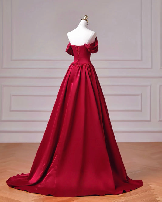 A-Line Spoon Neck off Shoulder Sweep Train Burgundy Long Prom Dress