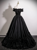 A-Line Off Shoulder Satin Black Long Prom Dress, Black Long Formal Dress