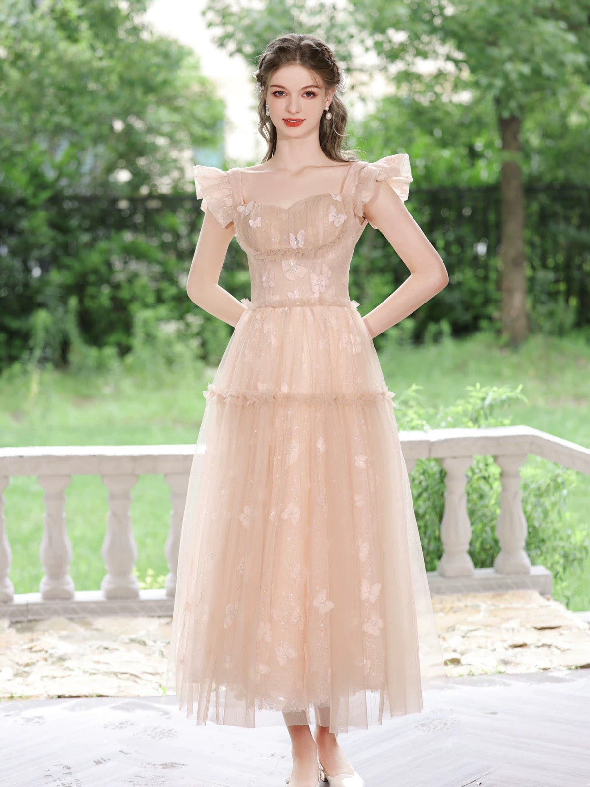 A-Line Tulle Lace Tea Length Pink Prom Dress, Pink Long Formal Dress