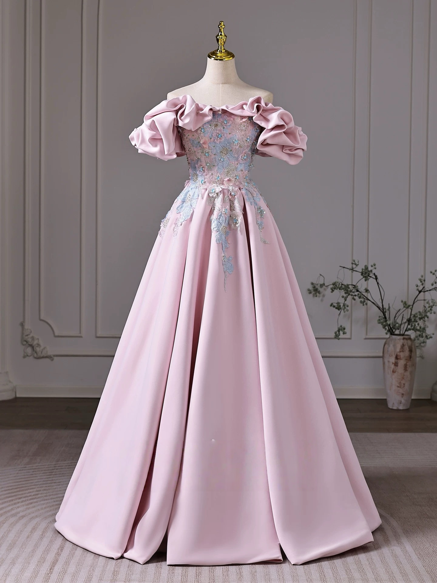 A-Line Off Shoulder Satin Lace Pink Long Prom Dress, Pink Long Evening Dress