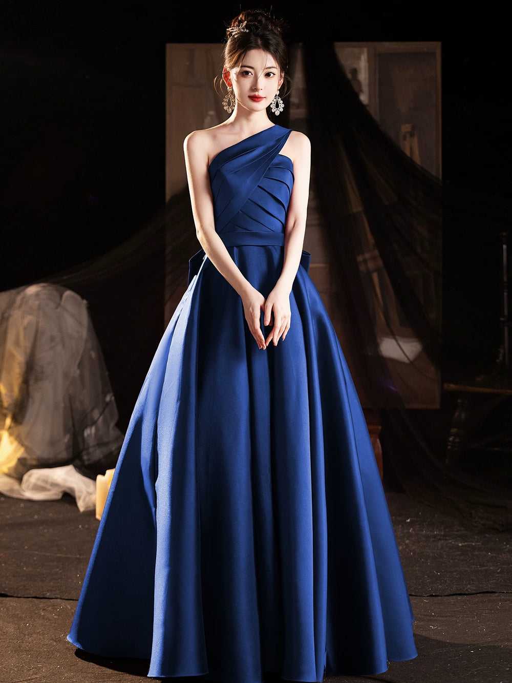 A-Line One Shoulder Satin Blue Long Prom Dress, Blue Long Formal Dress