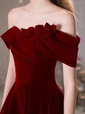 A-Line Off Shoulder Velvet Burgundy Long Prom Dress, Burgundy Long Formal Dress