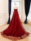 A-Line Organza Satin Sweep Train Burgundy Long Prom Dress