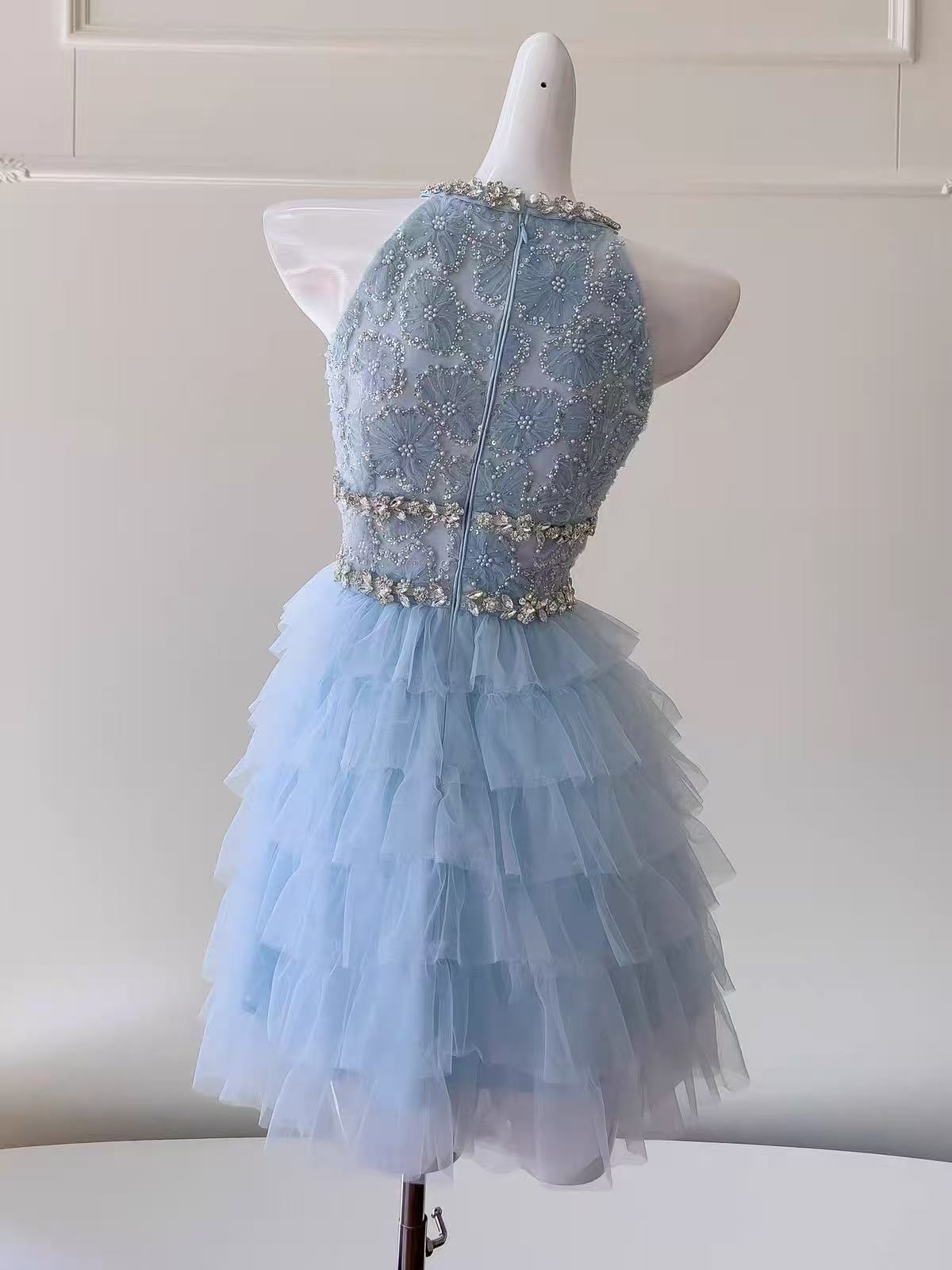A-line Tulle Sequin Lace Blue Short Prom Dress, Blue Homecoming Dress