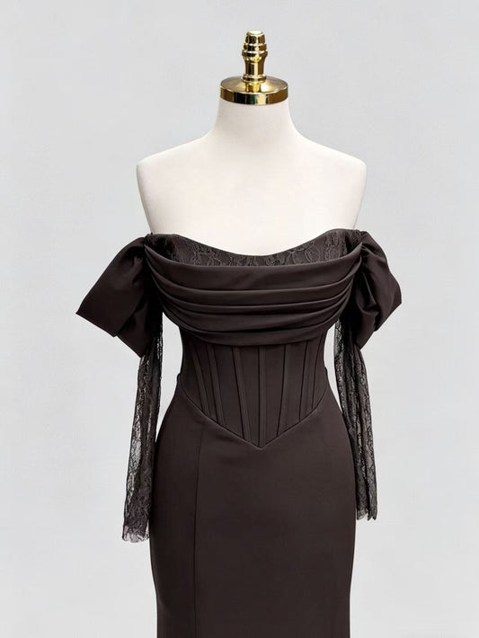 Unique Spoon Neck Satin Lace Coffee Brown Long Prom Dress with Long Sleeves