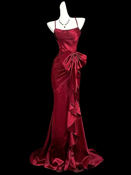 Mermaid Spoon Neck Long Burgundy Prom Dress, Burgundy Party Dress
