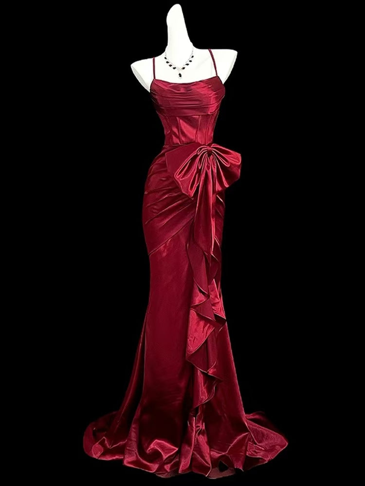 Mermaid Spoon Neck Long Burgundy Prom Dress, Burgundy Party Dress