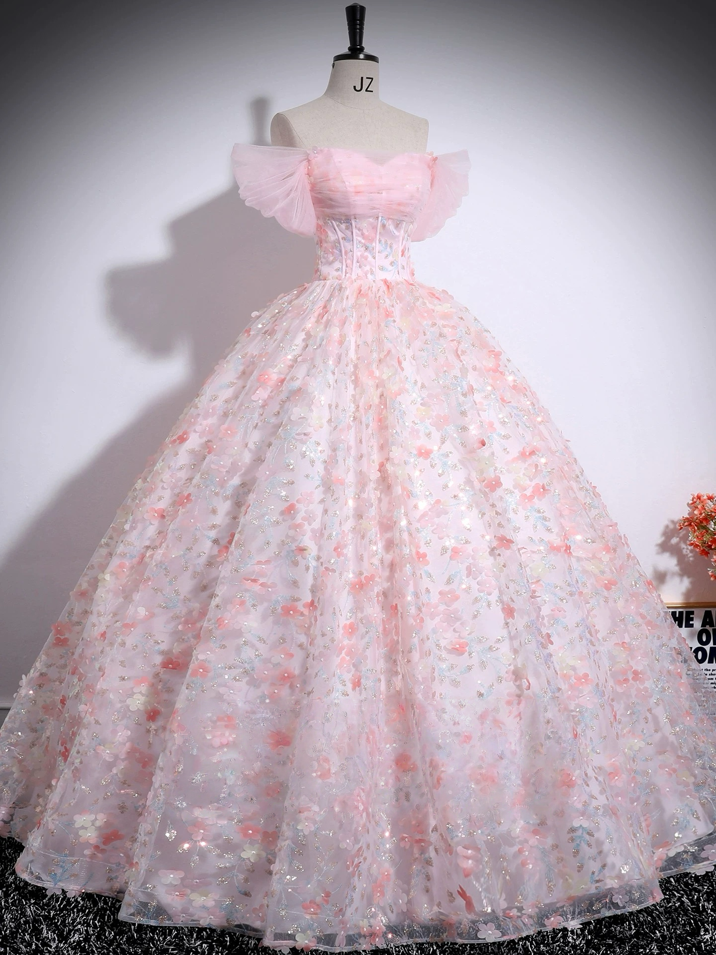 A-Line Off Shoulder Tulle Lace Pink Long Prom Dress, Pink Long Evening Dress