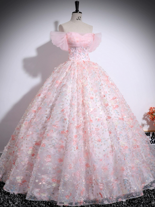 A-Line Off Shoulder Tulle Lace Pink Long Prom Dress, Pink Long Evening Dress