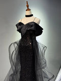 Mermaid Off Shoulder Tulle Sequin Sweep Train Black Prom Dress