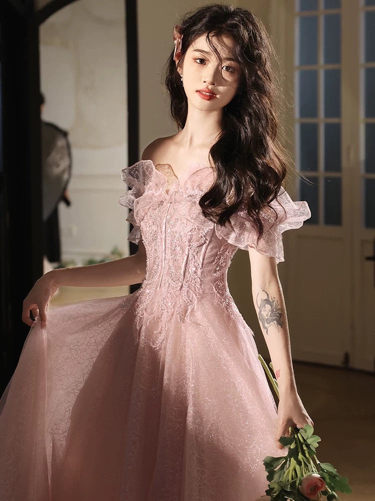 A-Line Off Shoulder Tulle Sequin Pink Long Prom Dress, Pink Long Formal Dress