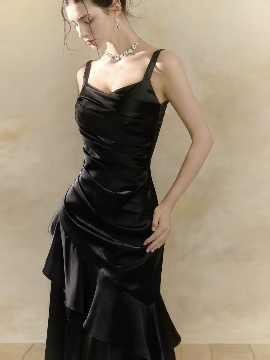 Simple V Neck Mermaid Satin Tea Length Black Prom Dress