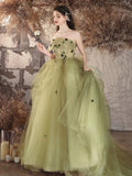 A-Line Tulle Applique Green Long Prom Dress, Green Long Evening Dress