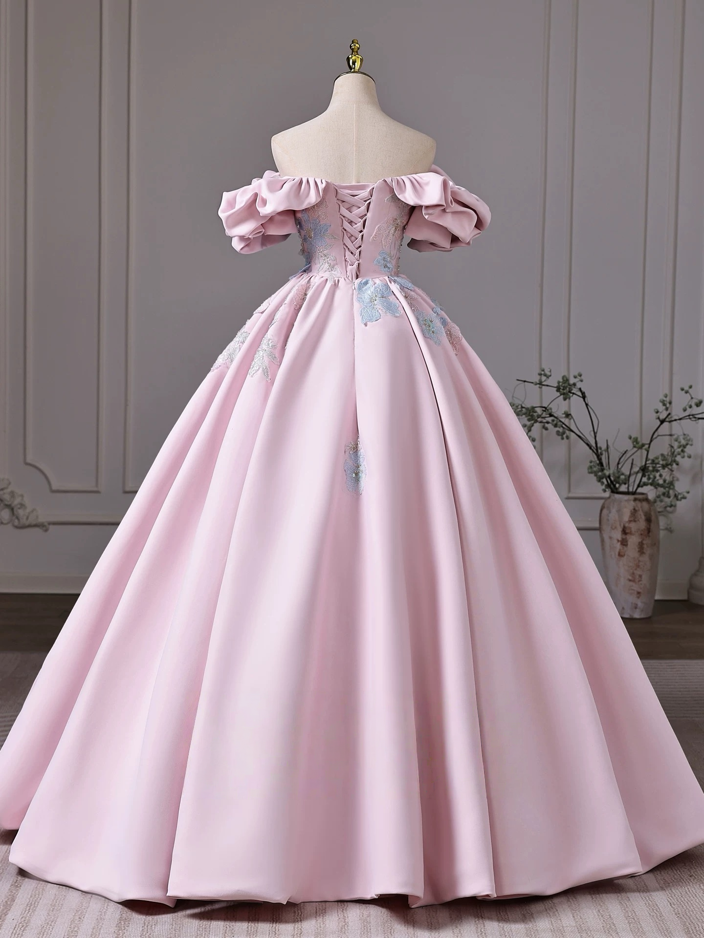 A-Line Off Shoulder Satin Lace Pink Long Prom Dress, Pink Long Evening Dress