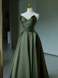 A-Line V Neck Satin Green Long Prom Dress, Green Long Formal Dress