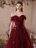 Ball Gown Off Shoulder Tulle Flower Floor Length Burgundy Prom Dress
