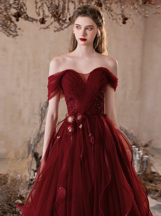 Ball Gown Off Shoulder Tulle Flower Floor Length Burgundy Prom Dress