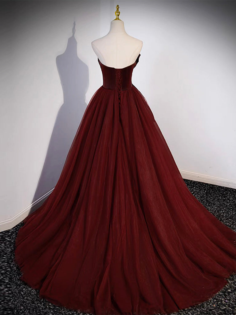 A- Line Tulle Burgundy Long Prom Dress, Burgundy Tulle Formal Dress