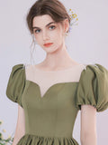 A-Line Green Satin Tea Length Prom Dress, Green Long Formal Dress