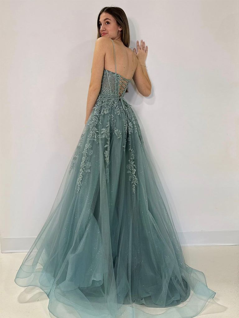 A-Line V Neck Tulle Lace Gray Green Long Prom Dress, Gray Green Formal Dress
