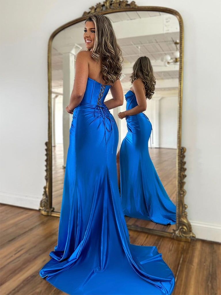 Simple Sweetheart Neck Satin Blue Long Prom Dress, Blue Long Formal Dress