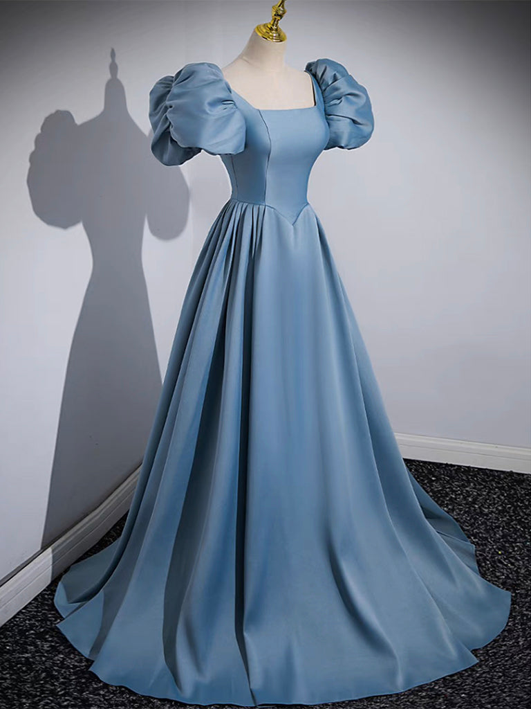 A-Line Satin Blue Long Prom Dress, Blue Satin Long Evening Dress