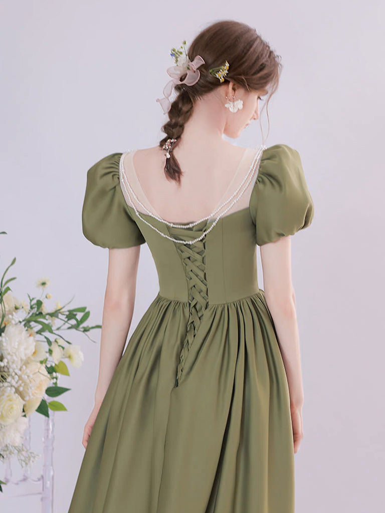 A-Line Green Satin Tea Length Prom Dress, Green Long Formal Dress
