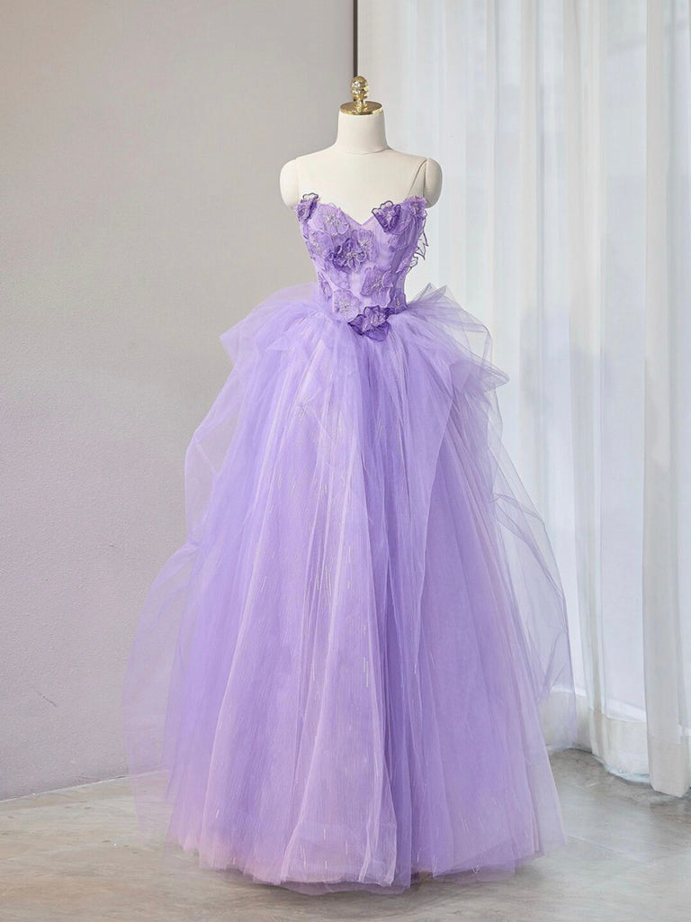 A-Line Sweetheart Neck Tulle Lace Applique Purple Long Prom Dress, Purple Formal Dress