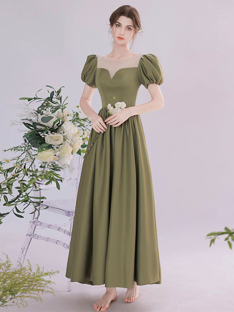 A-Line Green Satin Tea Length Prom Dress, Green Long Formal Dress