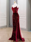Mermaid Sweetheart Neck Sequin Burgundy Long Prom Dress, Burgundy Formal Dress