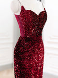Mermaid Sweetheart Neck Sequin Burgundy Long Prom Dress, Burgundy Formal Dress