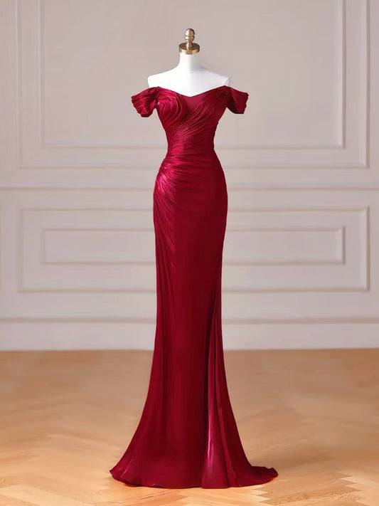 Mermaid off Shoulder Floor Length Burgundy Prom Dress, Burgundy Evening Dress