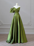 A-Line V Neck Satin Green Long Prom Dress, Green Long Formal Dress