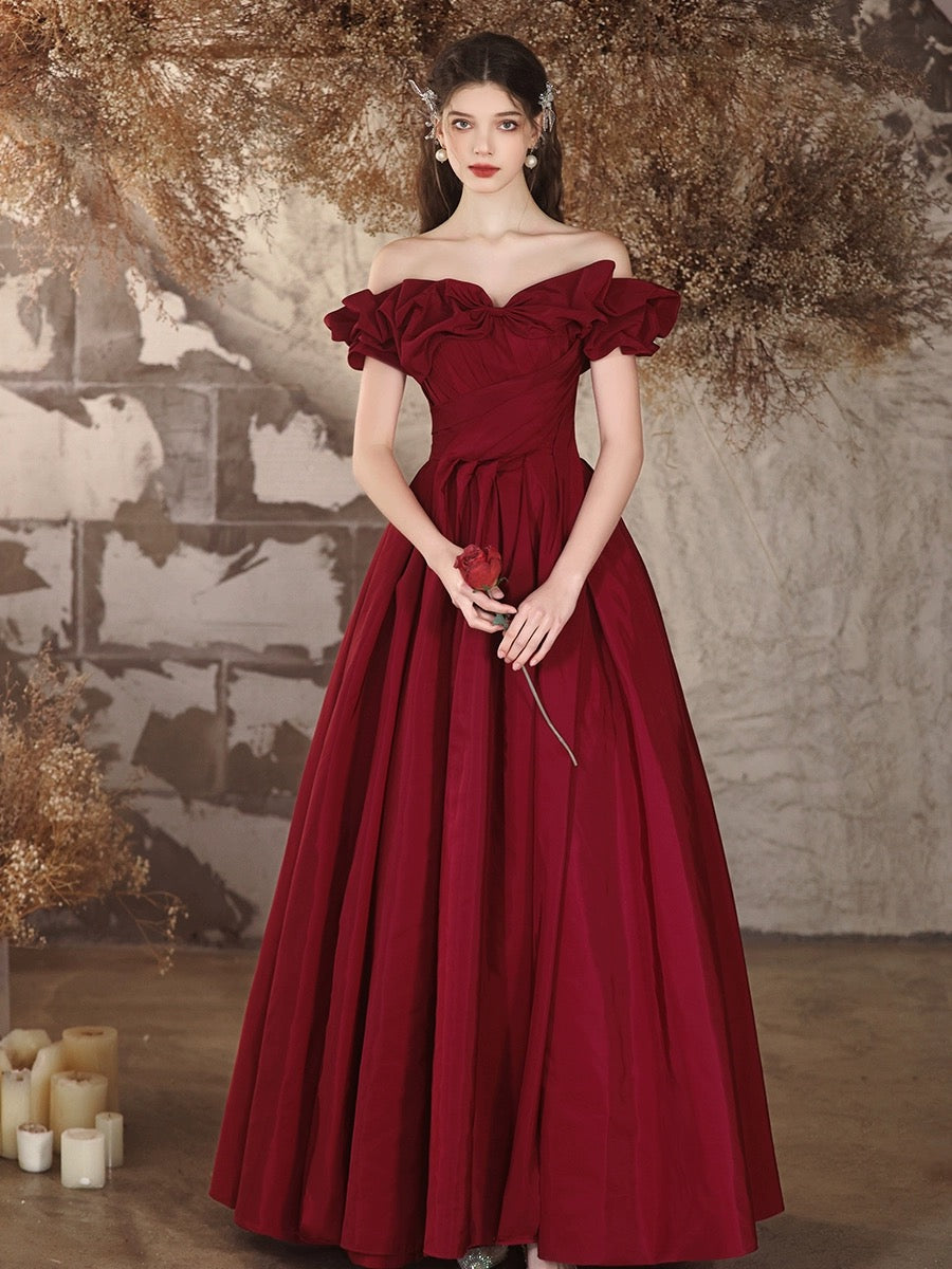 A-Line Off Shoulder Satin Burgundy Long Prom Dress